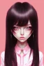 Placeholder: girl, cute, beautiful, black hair, long hair, straight hair, bangs, pink shirt, big eyes, brown eyes, kawaii, close up portrait