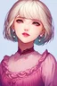 Placeholder: 1girl, blonde hair, dress, earrings, jewelry, lips, lipstick, short hair, looking away, looking to the side, makeup, pink dress, pink lips, solo, upper body, white hair