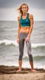 Placeholder: anorexic beautiful 19 year old woman, total shot, grey capri leggins, triathlon top, blonde surfer hair, blurred beach background