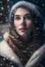 Placeholder: Produce a Realistic Professional Photography style image that appears as though it was taken during a cinematic moment. Achieve a high level of detail and photorealism in an image of an enchanting woman adorned in winter attire, surrounded by softly falling snowflakes. Capture the essence of a serene December evening with subtle hints of Christmas magic. The image should capture the intricate details of the scene. Ensure the final images exhibit the utmost quality, encompassing 4K, 8K, resolutio