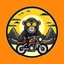 Placeholder: Monkey riding a mopped motorcycle with sunglasses and a big smile, have a mountain sunset on the background, make a round logo