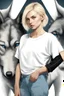 Placeholder: ultra realistic photograph of a very thin young woman with short blonde hair and blue eyes wearing a loose black teeshirt facing a large black wolf