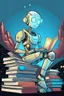 Placeholder: generate a front cover representation of Ai attractive small female humanoid bot sitting on a pile of books in a comic book style