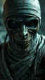 Placeholder: Busch painting style nightmare, a zoomed 3/2 view of the mummy by his face skin is a rusted broken metallic skin texture in a 3d rendering full-height image of a grim and dark scene. Ensure the final images exhibit the utmost quality, encompassing 4K, 8K, and 64K resolutions, with 3D rendering that manifests in photorealistic, hyperrealistic, and highly detailed representations. Employ techniques such as HDR, UHD,