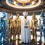 Placeholder: (masterpiece, best quality, 8k, RAW photo, beautiful and aesthetic:1.2), complex detail, Indirect light, photorealistic, (((full body))), Meeting of a group of Cosmic male gods smiling, Mixed, sci-fi, spiritual and cyborg outfit with golden futuristic artifacts, white, blue and silver elements- Inside a great room of a flying saucer with a round hublot showing a galactic sunset