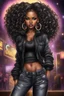 Placeholder: Create a digital airbrush cartoon of an African American female wearing a black jean outfit with timberland boots. Prominent make up with hazel eyes. She is wearing large diamond hoop earrings. Extremely highly detailed very long curly hair that shines. Background of a night club.