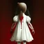 Placeholder: A girl's doll wearing a white dress with red blood bleeding from the back