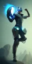 Placeholder: a full body portrait, cyberpunk warrior, wearing boots and helmet, jumping through the air in the style of Carlos Ortega Elizalde, Ahmad Merheb