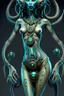 Placeholder: gorgeous female humanoid alien full body model, suggestive pose, tentacles, orichalcum jewelry and piercings