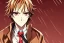 Placeholder: Detailed pretty anime boy, brown hair with blonde strips, keep head in frame, headshot, glaring, brown eyes, covered in bandages, looking serious, illustration, digital painting, only one character, color scheme red, wearing many bandages, Osamu Dazai inspired, anime inspired, manga, dazai, red hair, Chuuya, pretty, scruffy, angry, brooding, manga inspired, small nose, long lower eyelashes, handsome, one character, headshot, glaring, cute, wearing a bandage on neck, small nose, scruffy hair