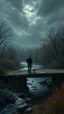 Placeholder: Bosch painting style nightmare , 3D , a man walking his dog on a bridge on a river stream background, high Quality picture , 8k
