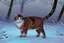 Placeholder: Cat in Wellensteyn coat, winter forest, pine trees, snowing, in sunshine