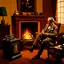 Placeholder: An English gentleman wearing a checkered tweed jacket, wearing slippers, sitting in a wing chair by the burning fireplace, listening to music emanating from an old gramophone, in the background an antique radio receiver standing on a dresser, a bookcase and an oil painting of Queen Victoria, realistic shot, taken indoors In yellowish light, nostalgic atmosphere, 12K