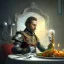 Placeholder: picture of man on wall, shiny fork and knifes on dinner table with cloth, fantasy art book cover