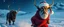 Placeholder: creature with eyes of hound bison reindeer yoga man with the snow flake pattern in the pupils in running in the snow in the snowy mountain with santa