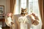 Placeholder: sign "LOVE" on a knitted pullover, photorealistic portrait of an elegant pretty young woman shows off a knitted sweater in an elegant beige-white-brown room S<AI in sunshine, cute tabby cat