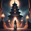 Placeholder: Photo of a luminescent woman mage at night standing in front of an ancient temple in moonlight:: eye_level perspective :: dark :: 3d shading, extreme detail, digital art, 4k, ultra hd, mist