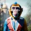 Placeholder: Ultra realistic circus scene. Blue Monkey man, waist up view, Wes Anderson style, happy, bubbles, party, confeti, highly detailed, concept art, unreal engine 5, god rays, ray tracing, RTX, lumen lighting, ultra detail, volumetric lighting, 3d, finely drawn, high definition, high resolution.