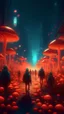 Placeholder: imagen onirica de personas caminando en una ciudad desolada cubierta por hongos brillantes y luminosos. Con estilo de fotorrealismo