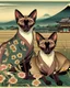 Placeholder: Two sister Oriental shorthair Siamese chocolate point cats" Asakusa Ricefields, Japanese Art Poster, in the style of Utagawa Hiroshige