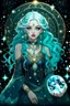 Placeholder: A beautiful girl with glowing starry eyes. And with turquoise hair decorated. And full body. Holds 10 glowing glass beads with a moon inside .girl void. full body Glowing golden eyes and white hair. Standing on a land of water embellished with sapphires and ornate trees. And beautiful buildings. And a sky full of star. realistic