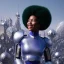 Placeholder: Ultra realistic photo. volumetric lighting , scientist. Young black woman, dark skin black woman. young, big smile. Joy. smiling. Afro futurism. Afro puffs. Blue hair. Ombré hair Cotton candy. Futuristic cities in background. Space. Space travel. Silver. Cities