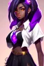 Placeholder: arcane animation series style, league of legends, Solo, 1girl, attractive teenager, african, dark skin, golden eyes, black hair, pair buns, forehead bangs colored in violet, necklace, earrings, modern makeup, (detailed skin texture), white oversize shirt