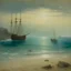 Placeholder: A grayish blue beach with pirate ships painted by Birge Harrison