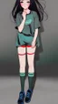 Placeholder: generate a full-length girl with gray-green sad eyes, with dark hair above the shoulders, a round face, not very plump lips, in a black T-shirt with a red print, short shorts, blue socks