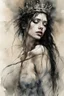 Placeholder: Hyper-photorealistic watercolor art style by Agnes Cecile, Surreal fine art etching of a figure by Luis Royo, tanned skin inscribed with the transient story of mortality, ethereal light playing with its form whispering tales of an eternal realm, eyes, black as the depths of the night, ardently pinand looking towards the endless skies, a crown of black hair mirroring the mystery of the cosmos around, whole scene tinged with an ethereal softness from volumetric lighting, hues gr,