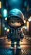 Placeholder: Cute chibi boy pop star in a hoodie walking down a dark street at night, 4K, 8K, 3D, Exquisite detail-logotype, very detailed elegant style, 3-Dimensional, hyper realistic, extremely detailed, hyper realistic, 3d render, photo