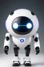 Placeholder: cute minimalistic robot with a big head, small and simple body, oval forms, digital face with pixeled eyes, happy face, head and body as one, white skin, no legs, no feet, integrated painter arm, 3/4 angle, awesome pose, white background