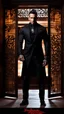 Placeholder: Jason David Frank as a Very muscular alpha male with short hair and tribal tattoo and piercings. Wearing a black designer suit , standing in a doorway. dark fantasy, hyperrealistic