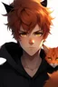 Placeholder: A young adult male human, one black cat ear, one orange cat ear, black and orange messy hair anime realistic