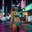 Placeholder: street photography of a woman on the street, night time, cyberpunk neon lights, 16mm , perfect photography, 1980's,vhs footage,wearing futuristic VR,bikini,bending,low light,shot by jvc gr-sz7,glitch,back to the future