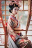 Placeholder: Ultra realistic photo beautiful geisha woman beauty ,one person young adult beautiful woman, sitting, clothing, women adult ,fashion dress, young women, beautiful people, indoors, full length hairstyle , ,smiling ,window looking ,sitting on floor contemplation ,floral pattern , futuristic style, HOF, captured with professional DSLR camera, 64k, ultra detailed,