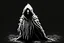 Placeholder: pixelart, black and white, 8bit, mysterious humanoid figure wrapped in a tattered cloak, with glowing, eerie eyes that pierce the darkness