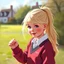 Placeholder: a pretty girl, age 8, blonde hair in a pony tail, playing outside, school jumper, digital painting, stylised