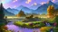 Placeholder: Serene landscape by day with sunlight beams with river running trough mountains, a forest with a lot of vibrant colors, in the style of bob ross, thomas kadinskade and albert bierstadt. Peacefull and calming, intricate details, vibrant.