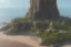 Placeholder: low angle shot of a Craggy cliffside overlooking a sandy beach,mystical, tower in the horizon