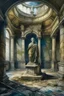 Placeholder: Oil painting an old stone statue exposed from above in the middle of a large abandoned palace hall