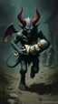 Placeholder: A scary devilish creature carrying a baby and running away in from villagers chasing him in dark scary environment