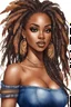 Placeholder: create a watercolor illustration of a curvy black female wearing Tight blue jeans and a hazel brown off the shoulder blouse. Prominent make up with long lashes and hazel eyes. She is wearing brown feather earrings. Highly detailed long black shiny dread locs