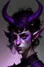 Placeholder: girl tiefling purple skinned; black horns; left horn is broken; black short hair. dark black eyes