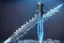 Placeholder: One fantasy greatsword that is a slender, translucent blade made of ice. Its hilt is crafted from swirling vines, leading to a vibrant crystal at the pommel. With a black background behind it. HD