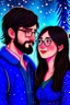 Placeholder: Christmas scene, dark haired couple, man with short black beard and glasses, woman with long hair, blue eyes, young couple, graphic