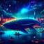 Placeholder: A future city on the back of a heavenly whale swimming in space filled with stars and planets