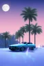 Placeholder: 1980's aesthetic vaporwave palm trees with lighting with moon with bmw in the winter snow