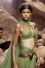 Placeholder: Zendaya in princess Leia's slave costume of the Return of the Jedi, close to Jabba the Hutt.