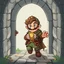 Placeholder: Male Fantasy RPG character, chaabi kawaii mario proportions, lord of the rings inspiration, with a coin held out in front, in a bounding run out a doorway, isometric game